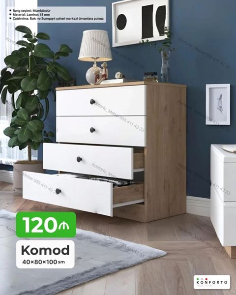 Komod – 40×80×100 sm - Dizayn: İki rəngli (ağ ön panellər və ağac