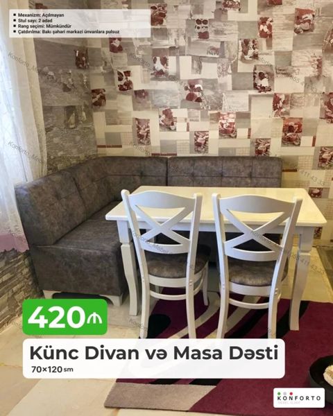 Künc Divan və Masa Dəsti - Ölçü: 70 × 120 sm masa - Komplekt: künc — Konforto Mebel — Soft furniture sets