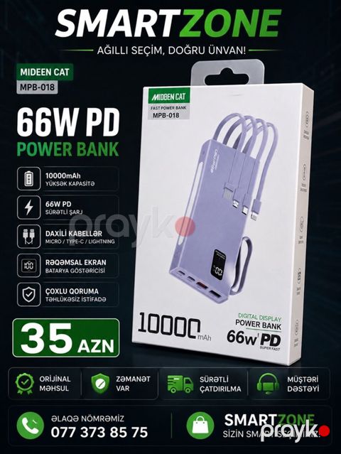 MIDEEN CAT MPB-018 66W PD Power Bank - 10,000 mAh yüksək tutum - 66W