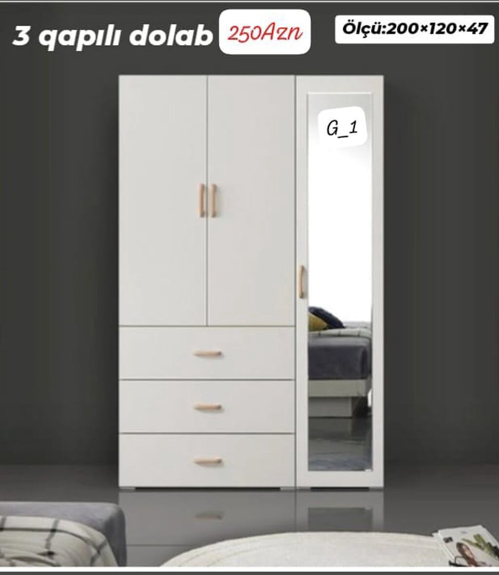 3 qapılı şkaf – güzgülü model Ölçü: 200 × 120 × 47 sm Qiymət: 250