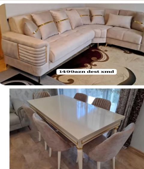 Mebel dəsti – künc divan + yemək masası və 6 stul • Künc divan — Ucuz serfeli Mebel — Soft furniture sets