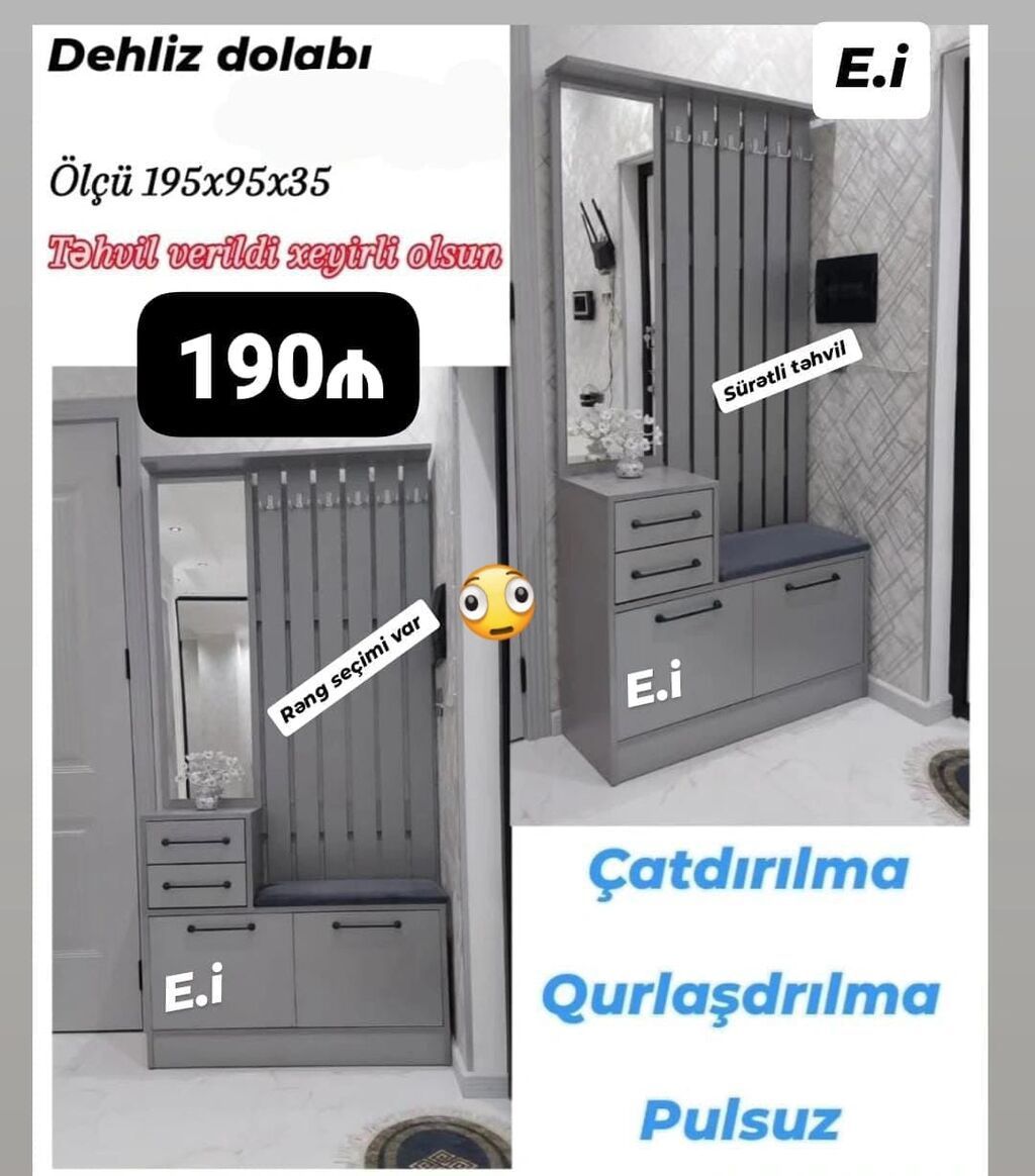Dehliz dolabı – ölçü 195×95×35 - Asılqanlı panel, iri güzgü - — Mallar, Quba