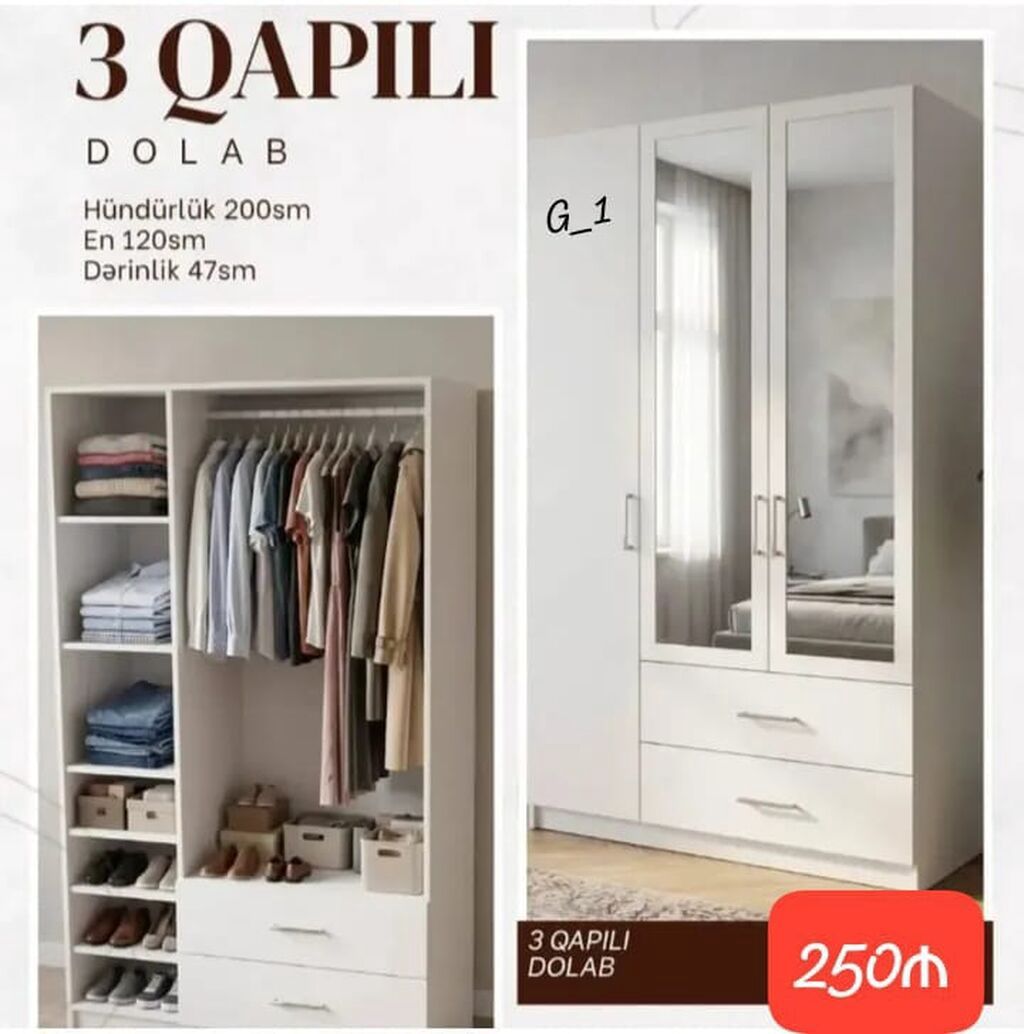 3 qapılı geyim dolabı Ölçülər: - Hündürlük: 200 sm - En: 120 sm -