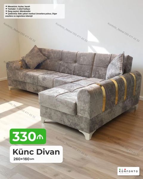 Künc Divan – 260×160 sm - Açılan mexanizmli, bazalı - Ölçü: 260×160