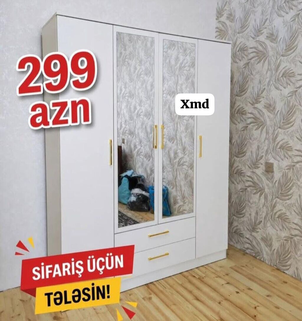 Açıq rəngli, güzgülü paltar şkafı - 3 qapılı dizayn: orta hissədə iki — Mebel, Xırdalan