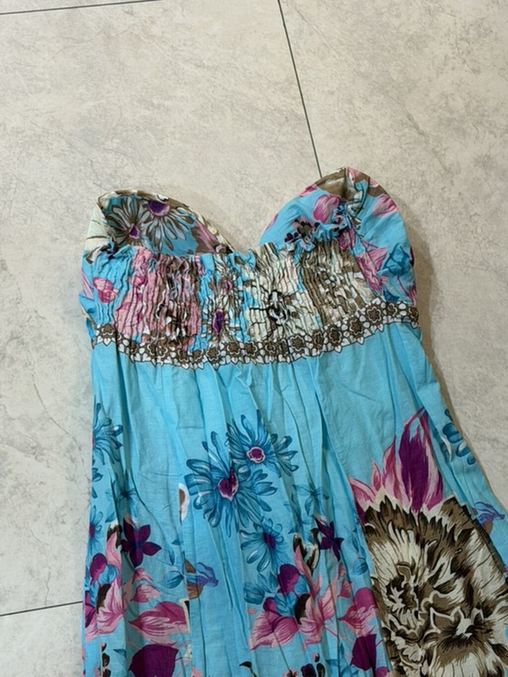Mavi rəngli, çiçək naxışlı uzun yay libası - Stil: Strapless (korset — Şəxsi əşyalar, Bakı (2)