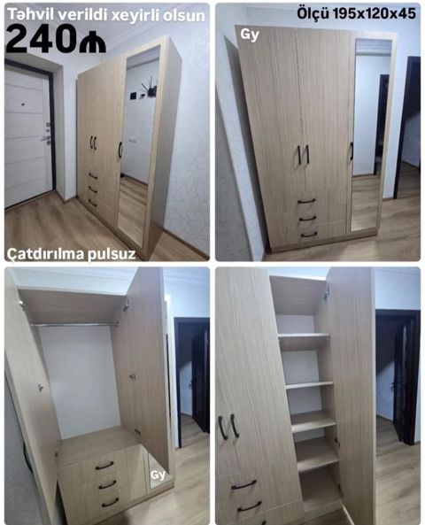 Dolab – 3 qapılı, güzgülü model - Ölçü: 195 x 120 x 45 sm - Material