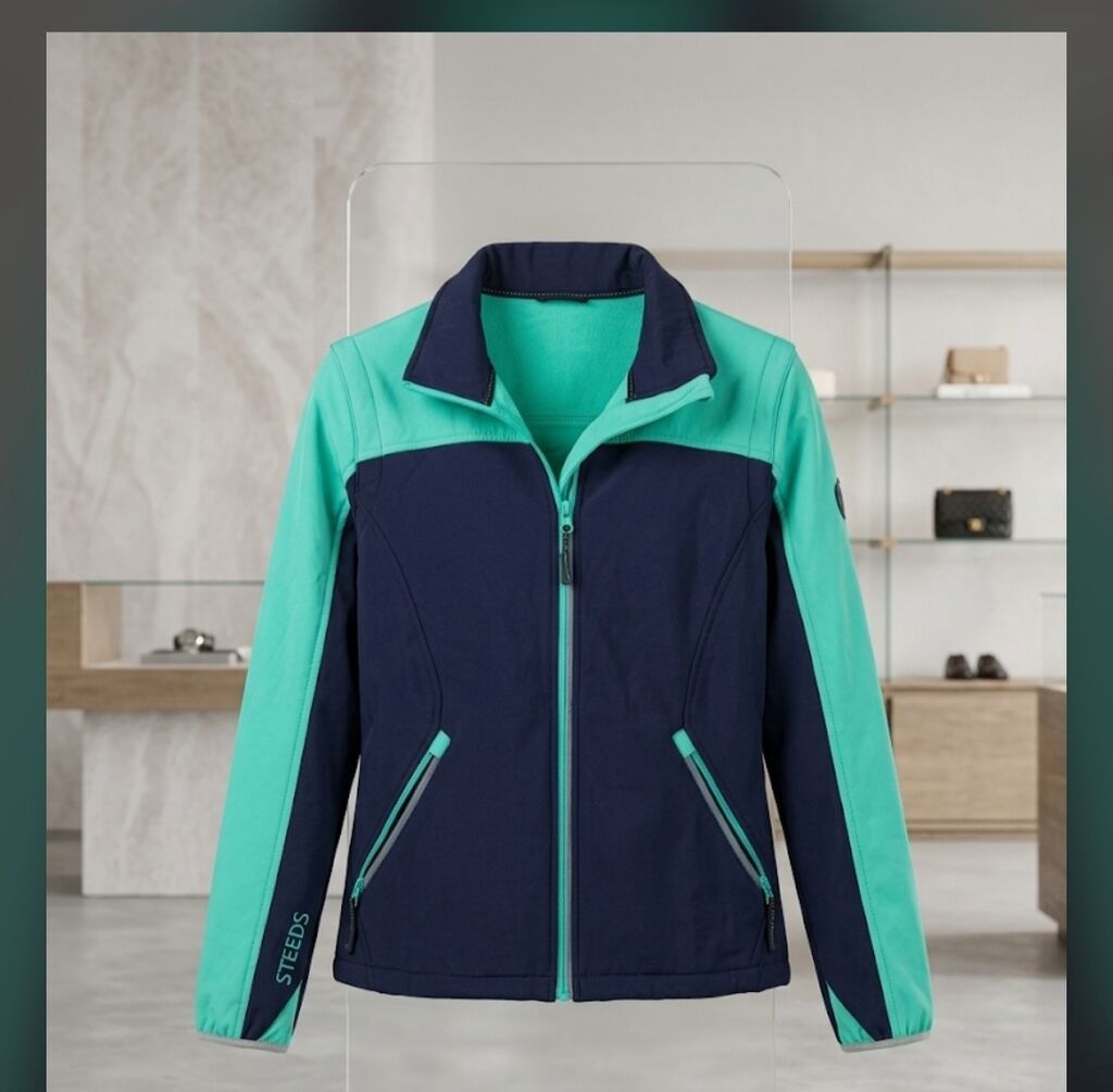İkirəngli qadın softshell jaketə — tünd göy və firuzə