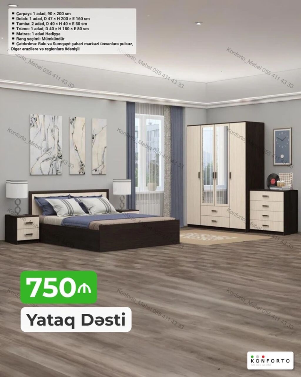 Yataq dəsti – 750 ₼ Komplektə daxildir: - Çarpayı: 1 ədəd, 90 × 200 — Mebel, Bakı