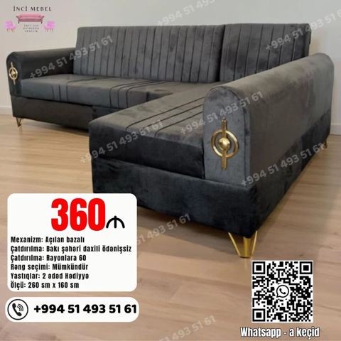 Künc divan — açılan bazalı, velur parça, 260×160 sm