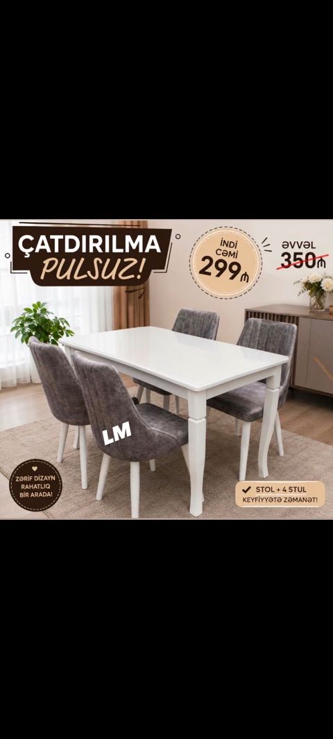 Ağ rəngli yemək otağı dəsti – 1 stol + 4 stul - Zərif, minimal dizayn