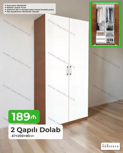 2 Qapılı Geyim Dolabı – 47×200×90 sm - Daxili plan: asılqan üçün