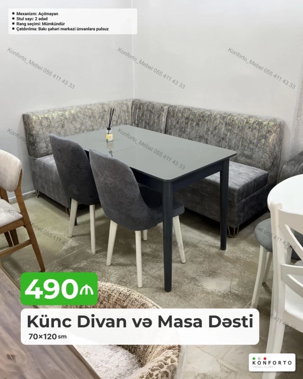 Künc Divan və Masa Dəsti - Dəst tərkibi: künc divan, 70×120 sm ölçüdə