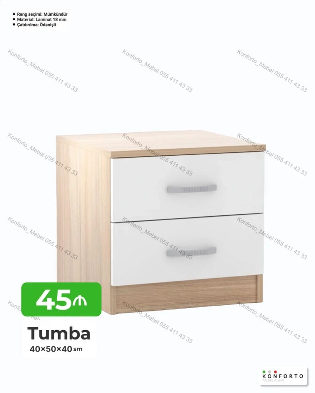 Tumba – 40×50×40 sm - İki çekmecəli komod/tumba - Material: 18 mm