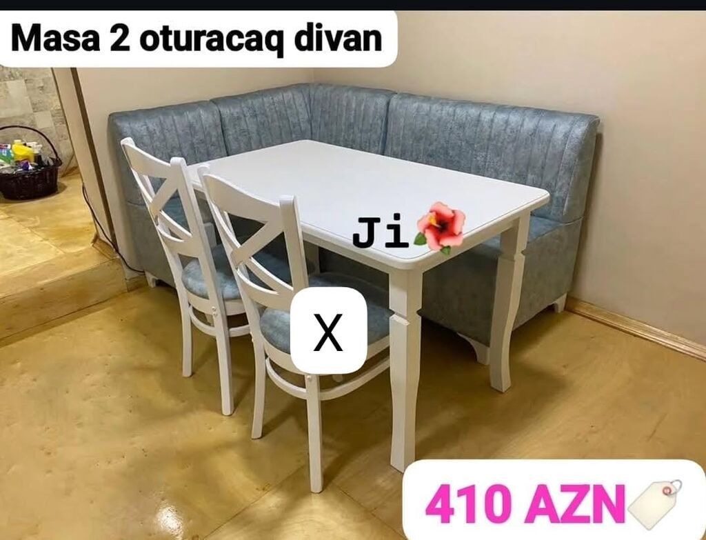 Mətbəx dəsti: masa + 2 oturacaqlı künc divan - Ağ rəngli, düzbucaqlı