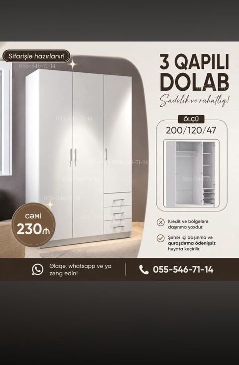 Yeni, 3 qapılı, Siyirməli, Ağ, Açılan, Düz dolab