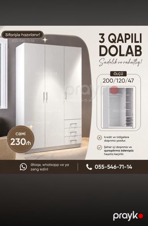 3 qapılı geyim dolabı – sadə və rahat dizayn Ölçü: 200/120/47 sm — Bakı