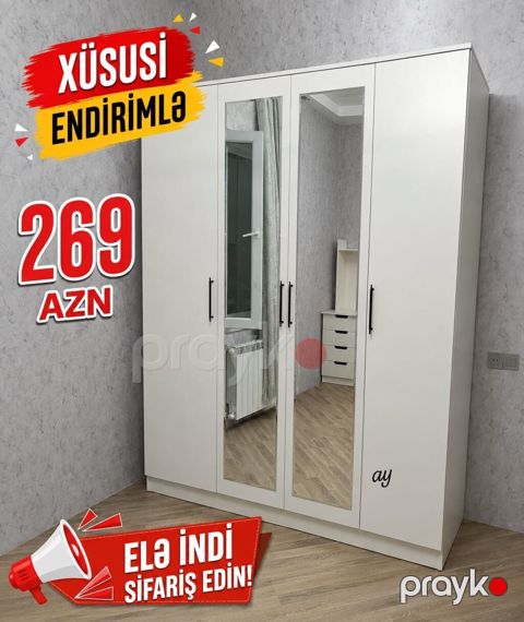 4 qapılı dolab, ağ rəng, yeni