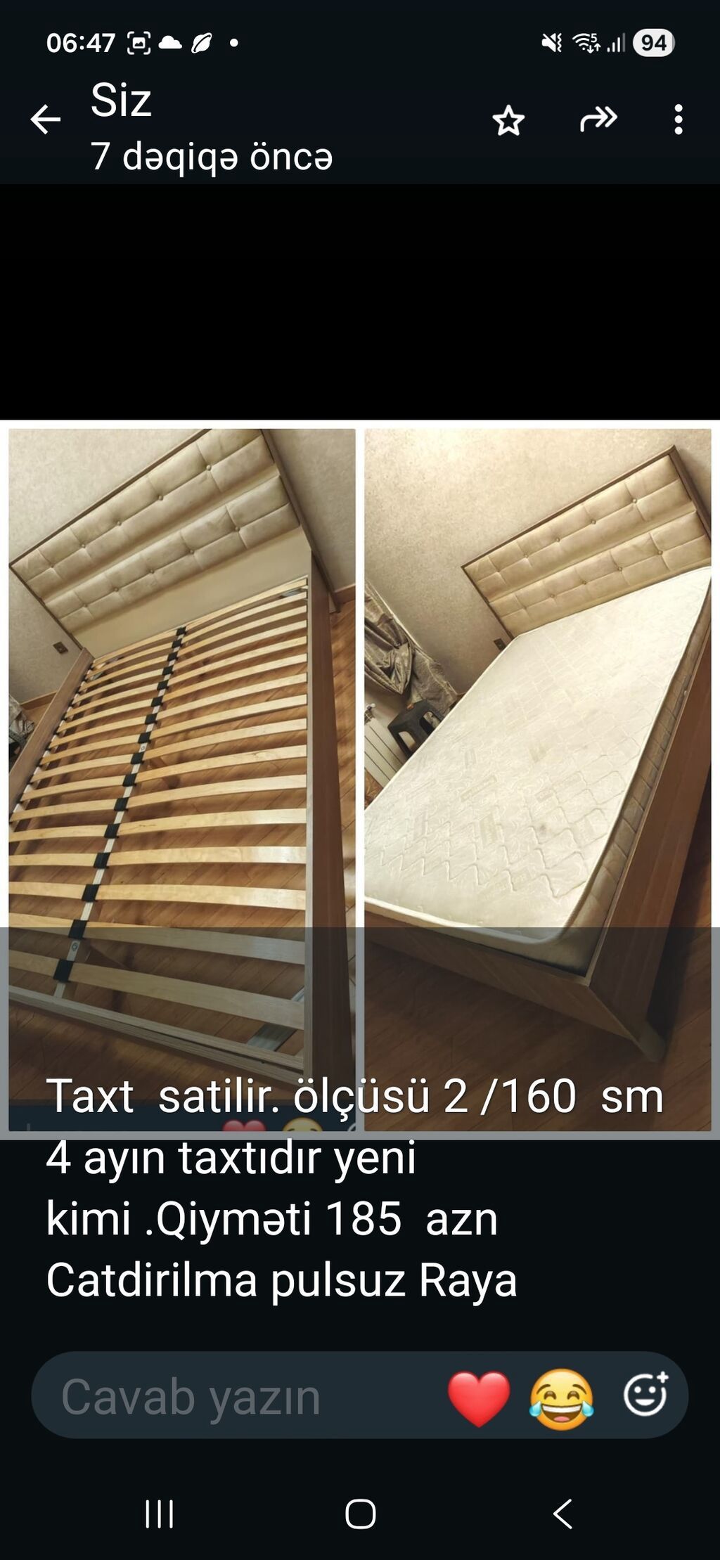 Taxt satılır. Ölçü: 200 x 160 sm. Yumşaq başlıq, taxta karkas və