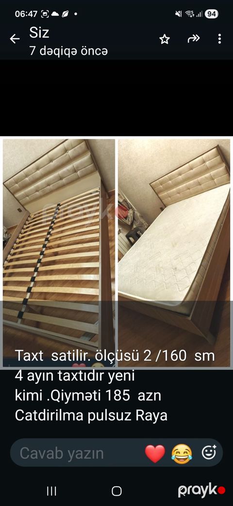 Taxt satılır. Ölçü: 200 x 160 sm. Yumşaq başlıq, taxta karkas və