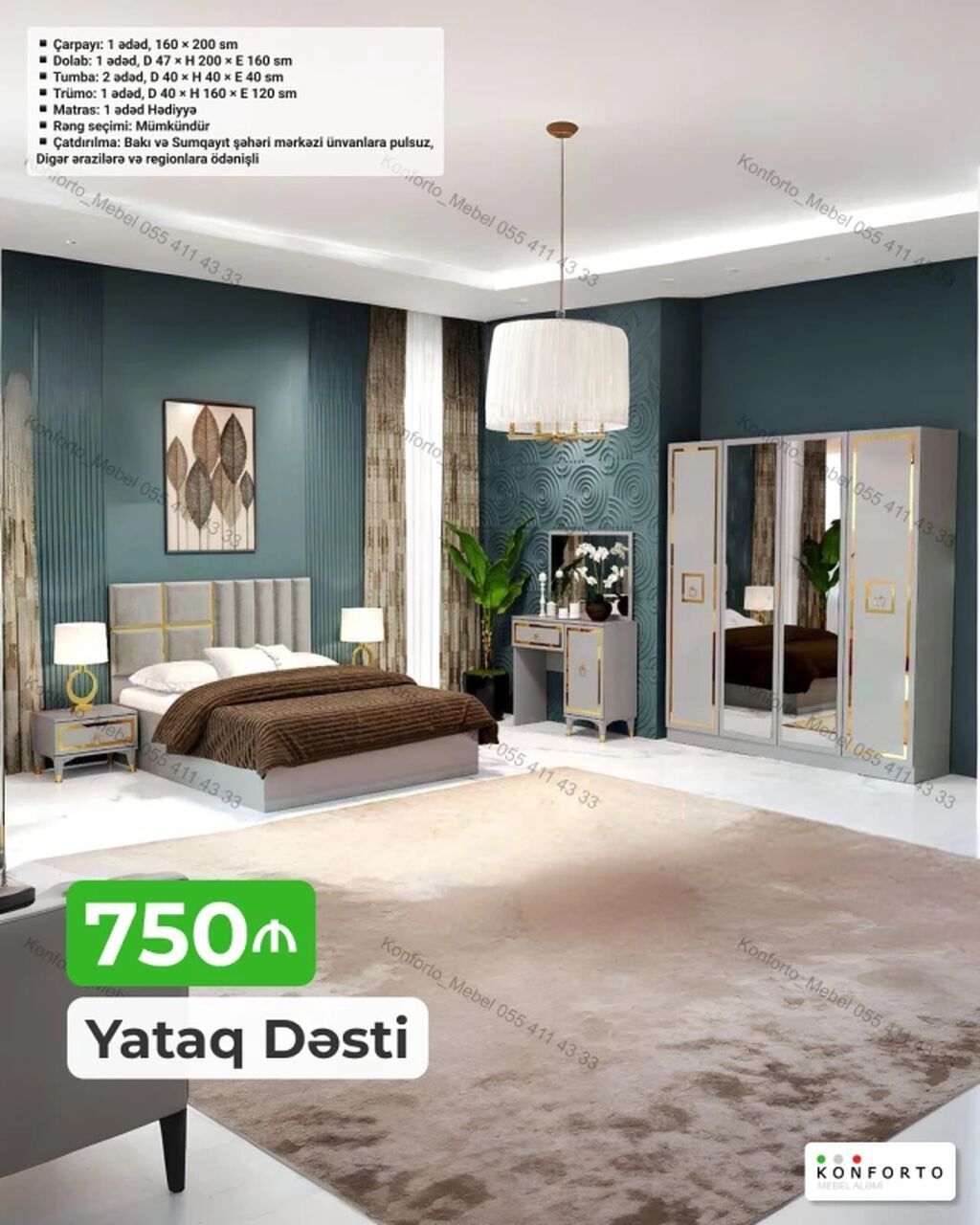 Yataq Dəsti – 750 AZN Komplektin tərkibi və ölçülər: - Çarpayı: 1