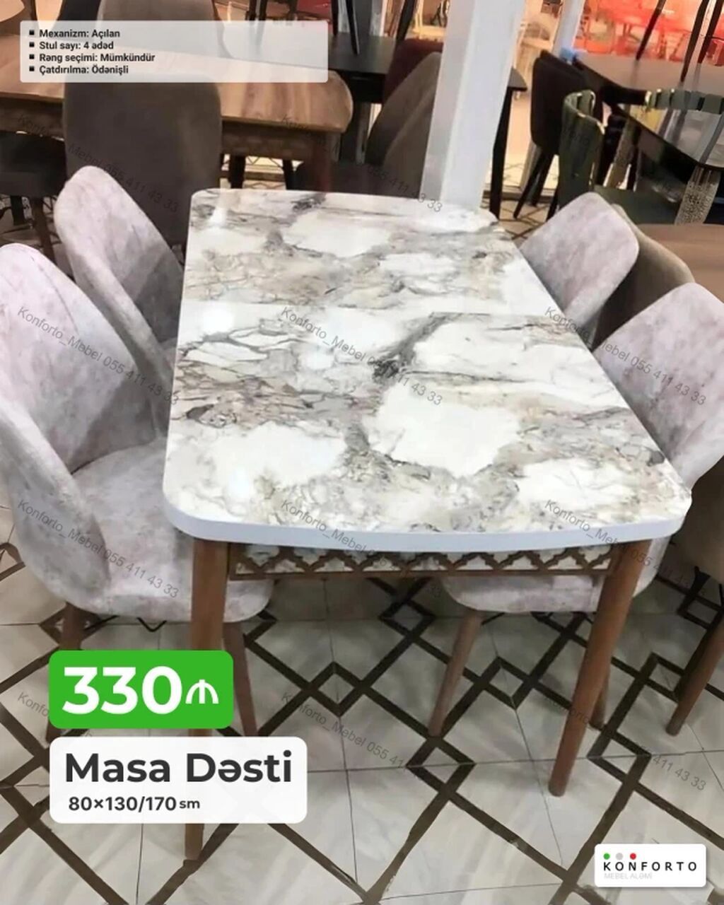 Masa Dəsti – 80×130/170 sm - Mexanizm: açılan (uzadıla bilən) masa - — Mebel, Bakı
