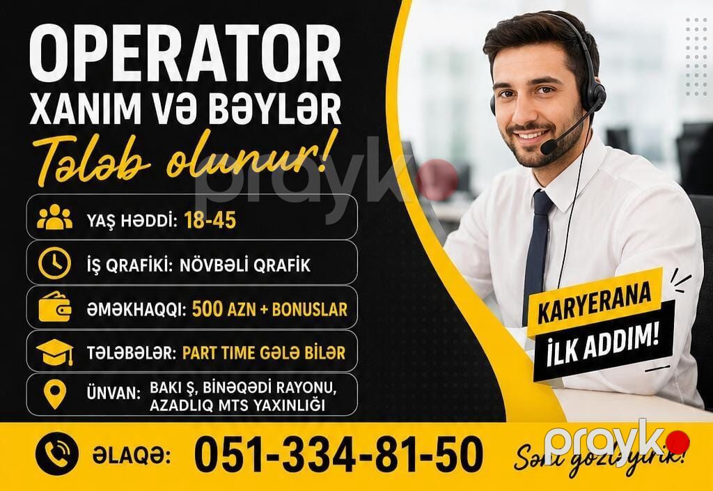 Çağrı mərkəzi operatoru tələb olunur, Tələbələr, Təcrübəsiz, Aylıq ödəniş — Satış, Bakı (4)