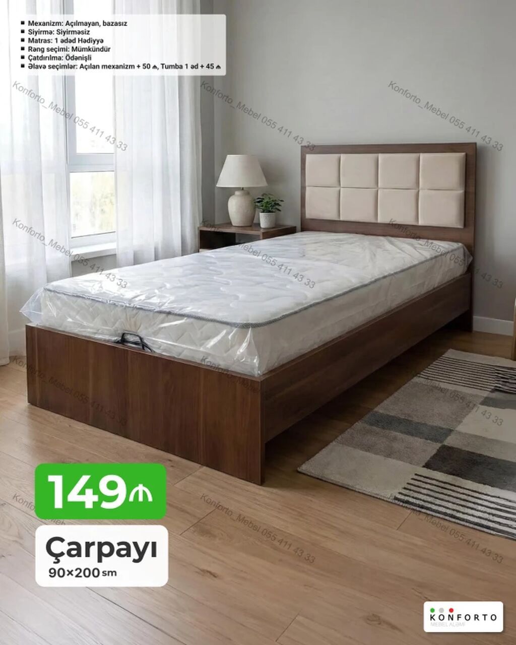 Mebellik tək nəfərlik çarpayı – 90×200 sm