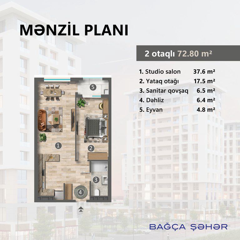 Satılır 2 otaqlı yeni tikili 72.8 m² — Mənzil, Sumqayıt (4)