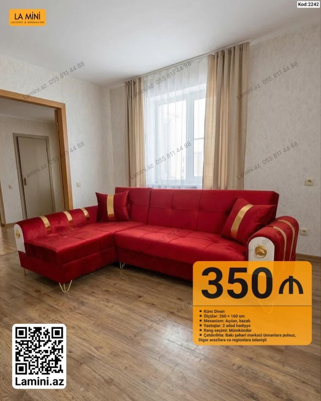 Künc divan – kod: 2242 - Ölçülər: 260 × 160 sm - Mexanizm: açılan — Mebel, Bakı