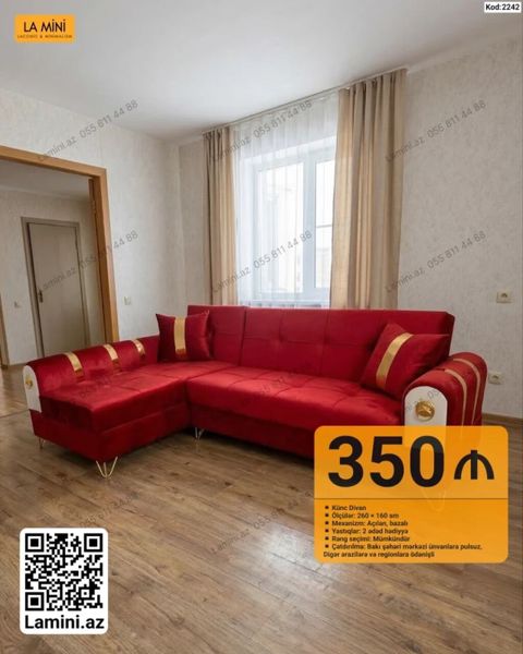 Künc divan – kod: 2242 - Ölçülər: 260 × 160 sm - Mexanizm: açılan