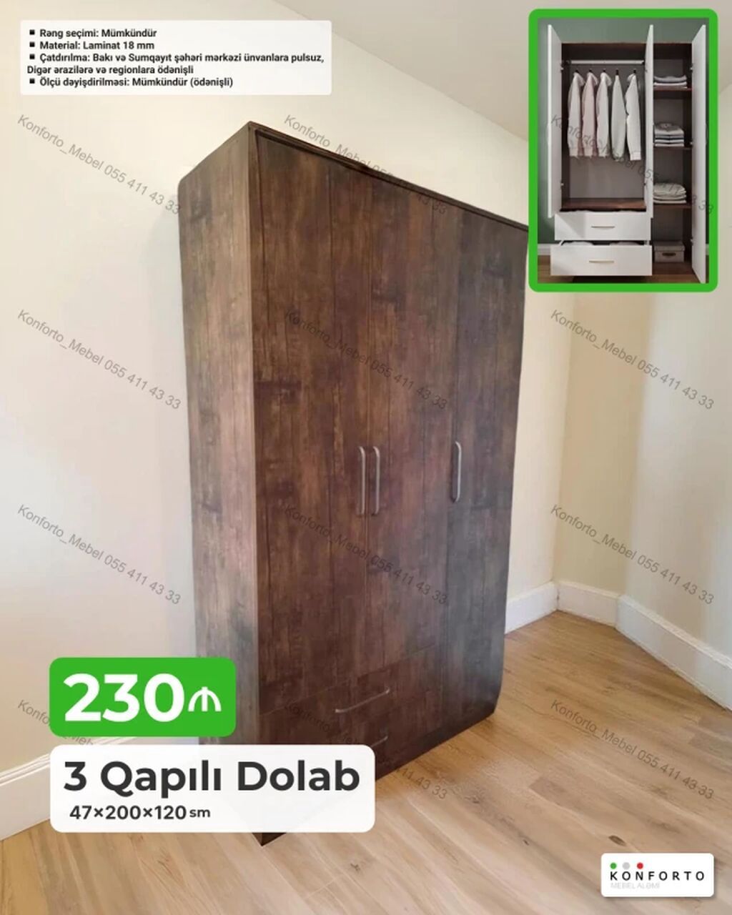 3 qapılı paltar dolabı – 47×200×120 sm Xüsusiyyətlər: - Material: 18 — Mebel, Bakı
