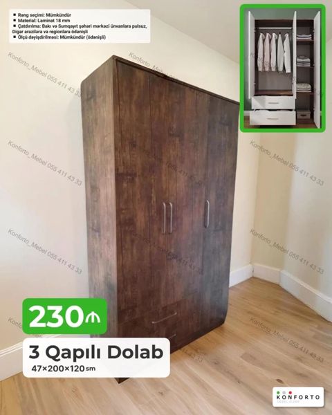 3 qapılı paltar dolabı – 47×200×120 sm Xüsusiyyətlər: - Material: 18 — Konforto Mebel — Şkaflar