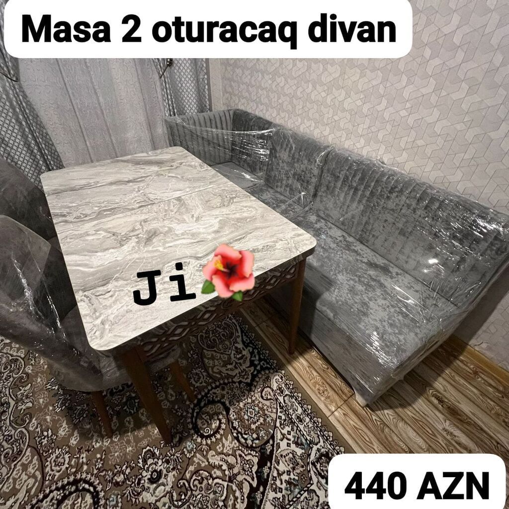 Masa + 2 oturacaq divan dəsti - Dəst: düzbucaqlı yemək masası və L