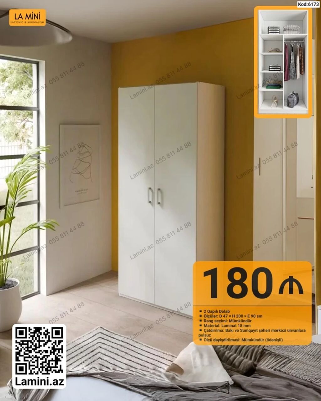 İki qapılı şkaf – Kod: 6173 - Ölçülər: Dərinlik 47 sm × Hündürlük 200 — Mebel, Bakı