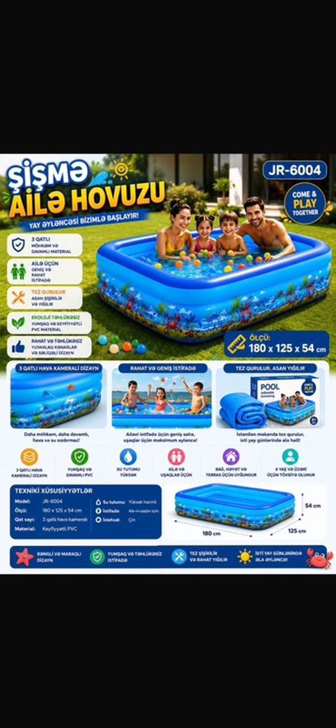 Şişmə Ailə Hovuzu JR-6004 - 180 × 125 × 54 sm, 3 qatlı hava kameralı