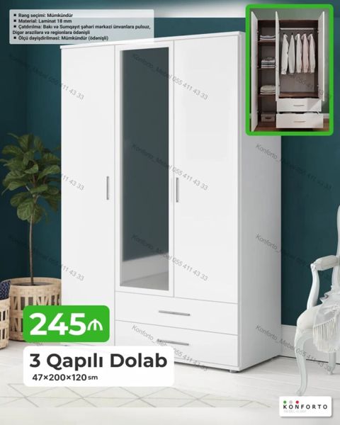 3 Qapılı Dolab – 47×200×120 sm Xüsusiyyətlər: - Material: 18 mm — Konforto Mebel — Şkaflar