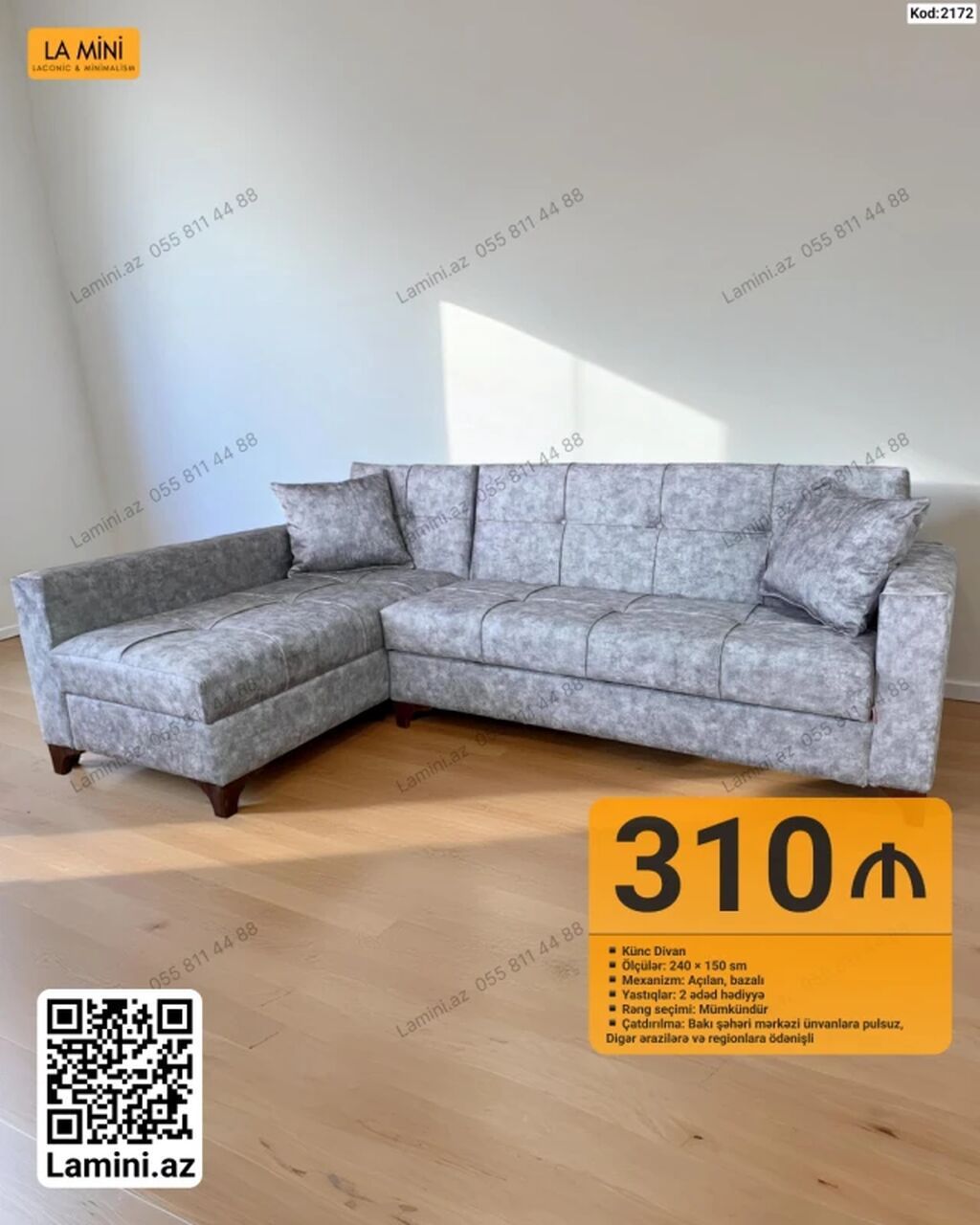 Künc divan – Kod: 2172 - Ölçülər: 240 × 150 sm - Mexanizm: açılan — Mebel, Bakı