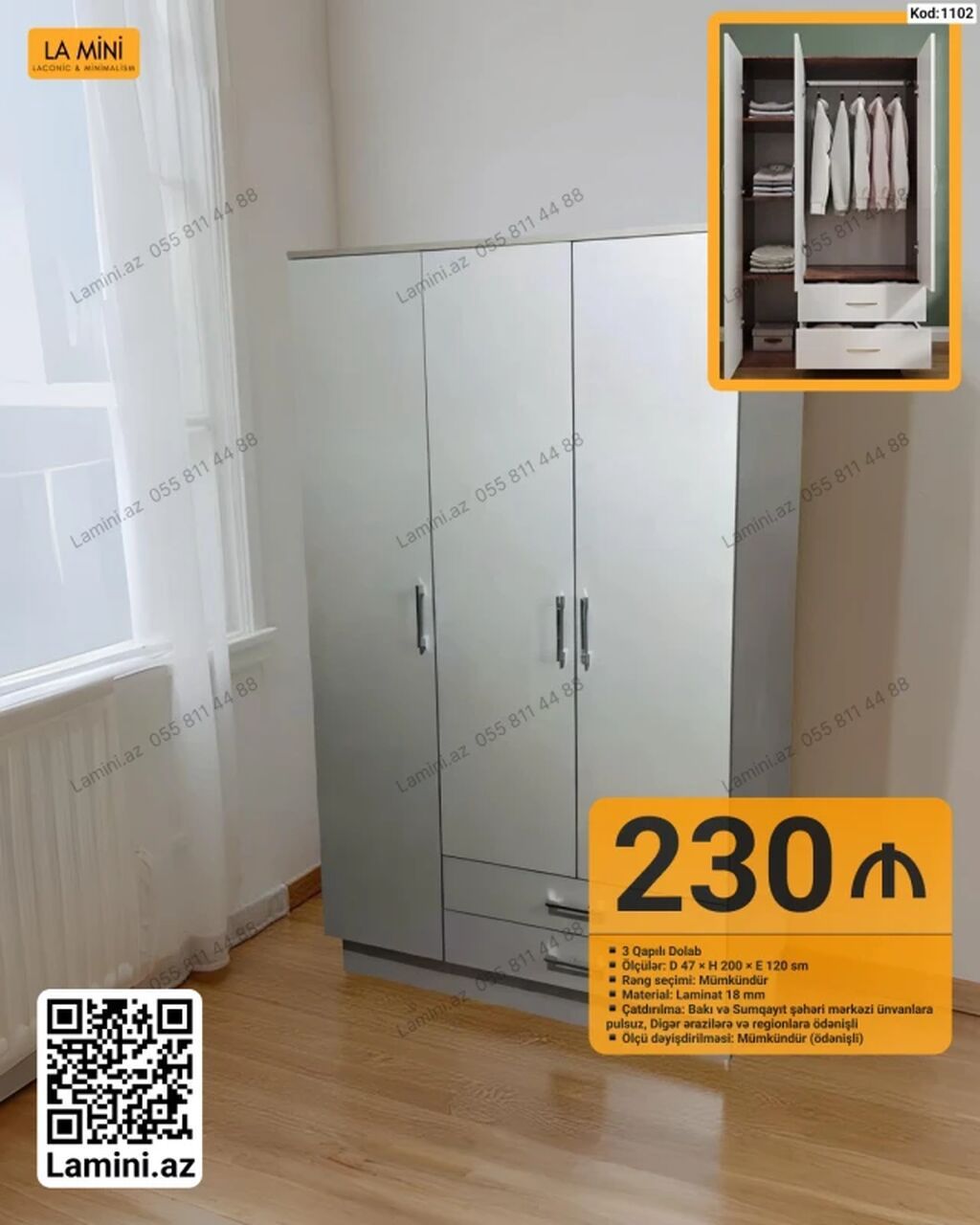 3 qapılı dolab – Kod: 1102 - Ölçülər: D 47 × H 200 × E 120 sm - Rəng — Mebel, Bakı