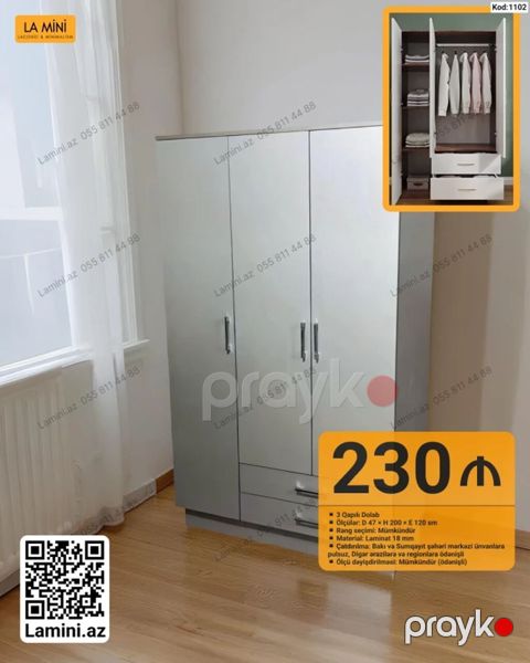 3 qapılı geyim dolabı - Model kodu: 1102 - Ölçülər: Dərinlik 47 sm — Bakı