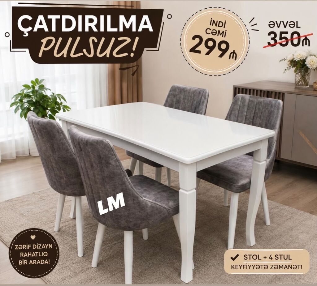 Stol + 4 stul dəsti - Rəng: ağ stol, boz məxməri toxumalı stullar - — Mebel, Bakı