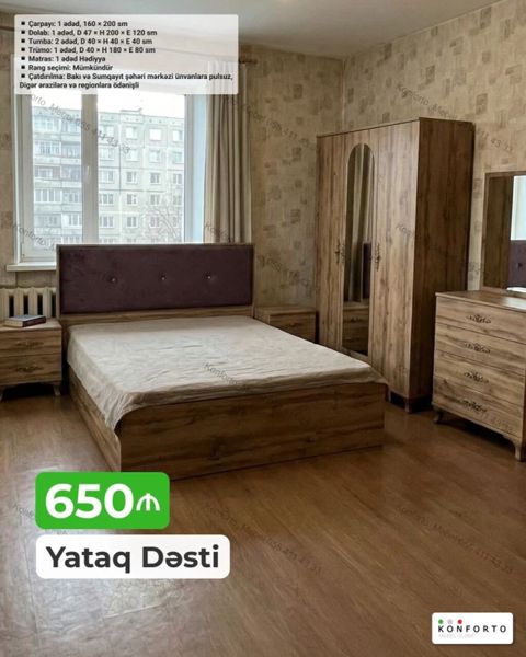Yataq dəsti – 650 ₼ Tərkibi və ölçülər: - Çarpayı: 1 ədəd, 160×200 sm