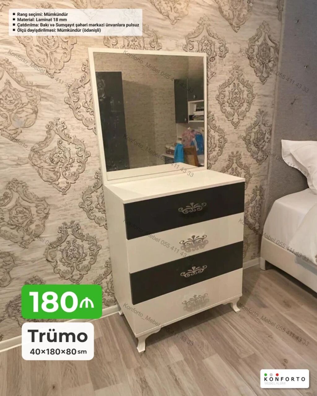 Trümo – 40×180×80 sm - Material: 18 mm laminat - Rəng seçimi — Komodlar və tumbalı, Bakı