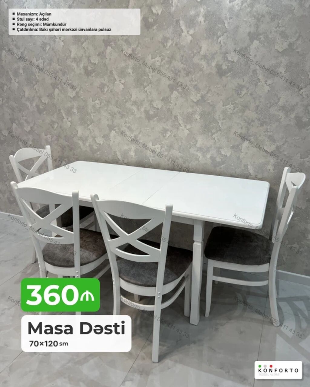 Açılan mexanizmli masa dəsti – 70×120 sm - Komplekt: 1 masa + 4 ədəd — Mebel, Bakı