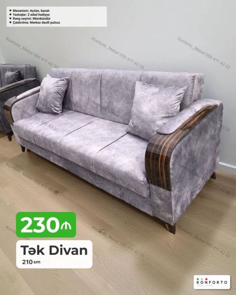 Tək divan – 210 sm - Mexanizm: açılan, bazalı (alt hissədə saxlama — Konforto Mebel — Divanlar