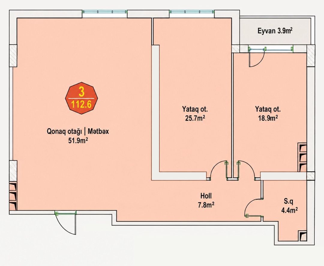 Satılır 3 otaqlı yeni tikili 113 m² — Mənzil, Bakı (3)