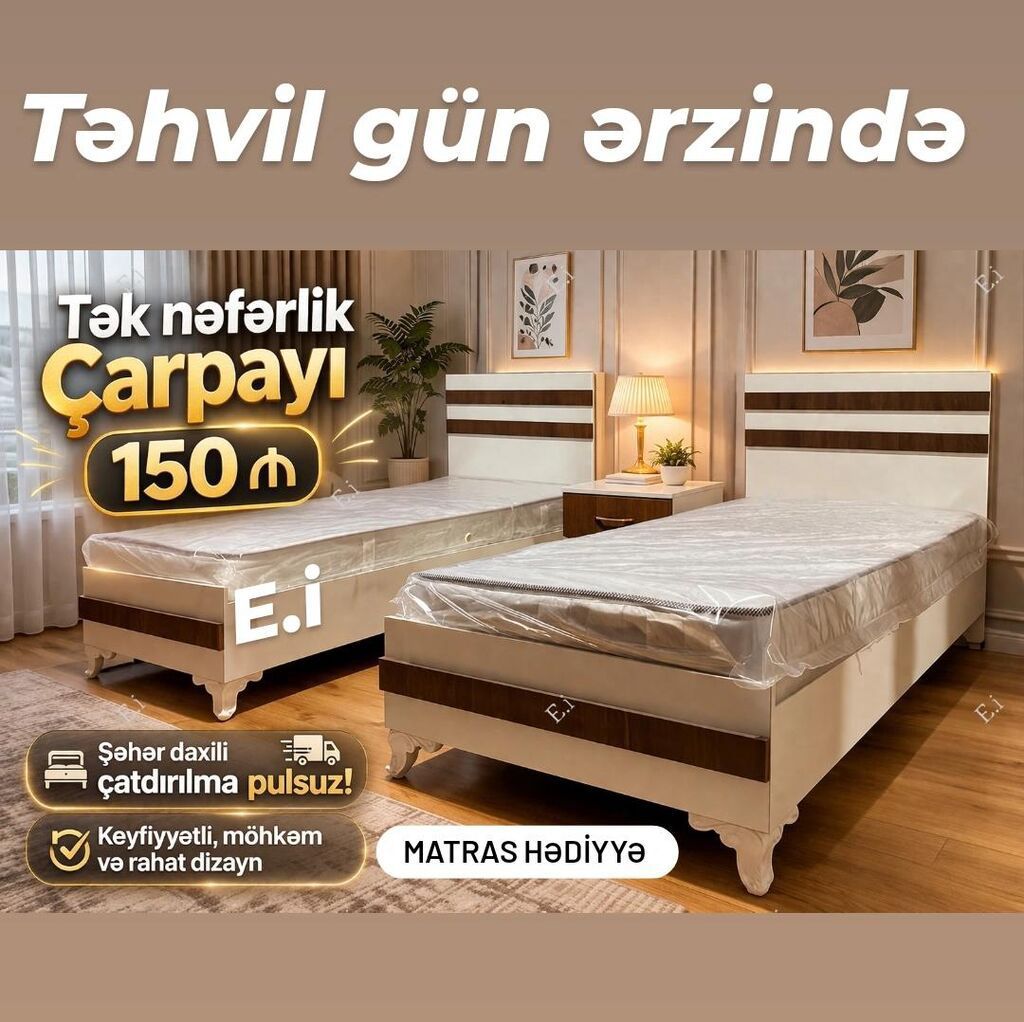 Tək nəfərlik çarpayı – 150₼ - Ölçü: 200×90 sm - Dəmir karkas -