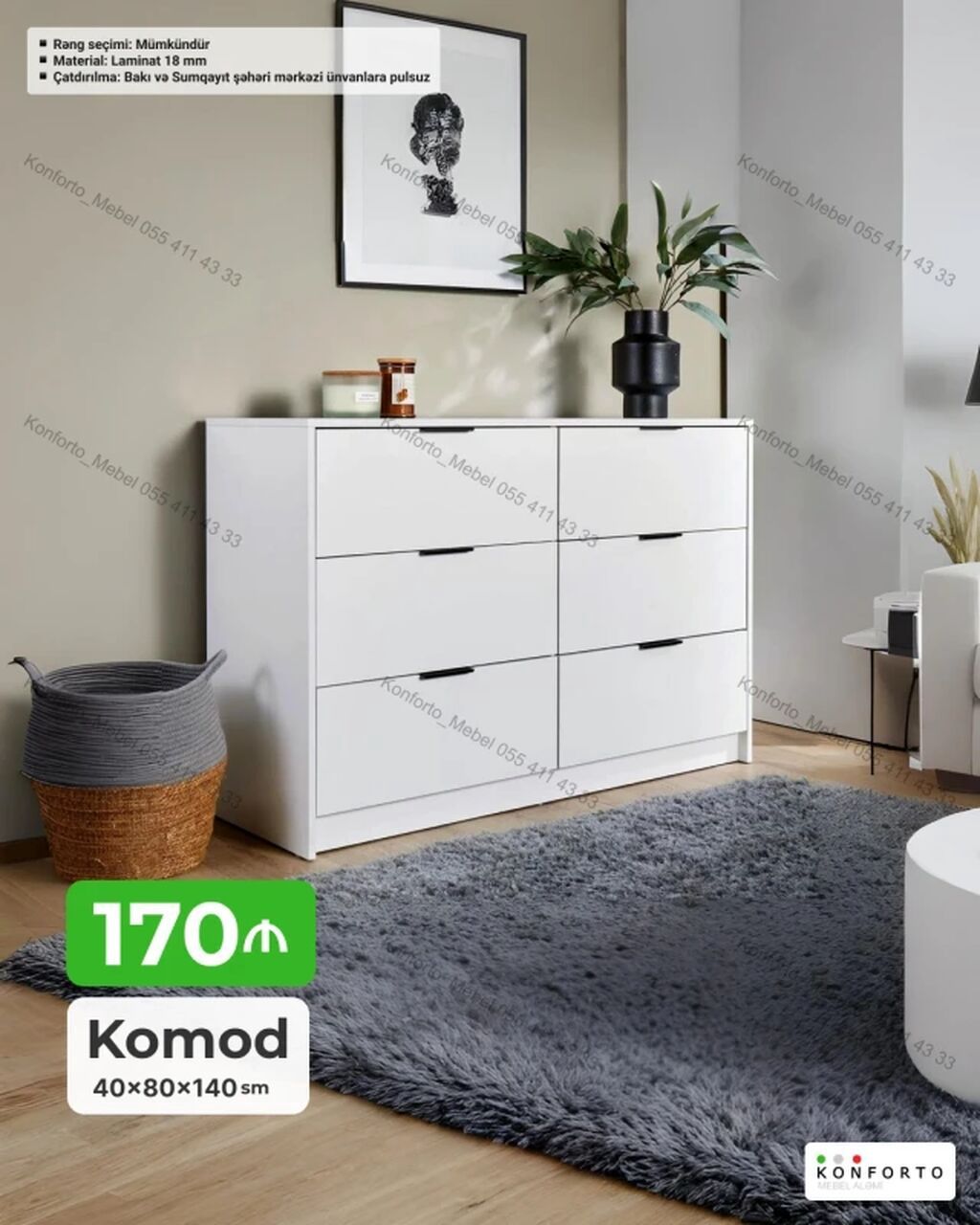 Komod – müasir minimal dizayn Ölçülər: - 40 × 80 × 140 sm Material — Mebel, Bakı