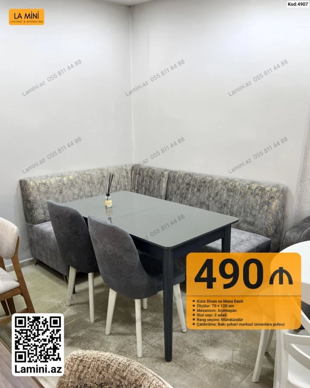 Künc divan və masa dəsti • Tərkibi: künc divan + şüşə üstlü masa + 2