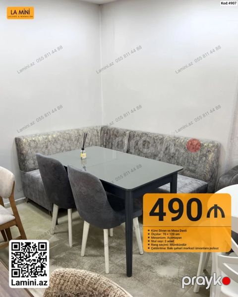 Künc divan və masa dəsti - Tərkib: Künc divan + şüşəüstü düzbucaqlı — Bakı